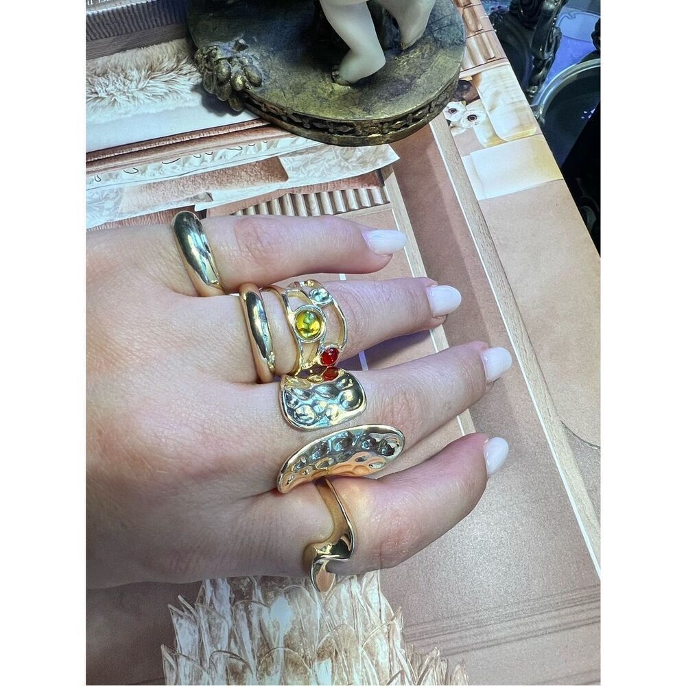 Gold-Tone Hammered Multi-Statement Ring with Colored Stones R 605